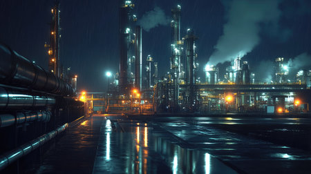 A nighttime view of an oil refinery, with bright lights reflecting off the metal pipes and tanks, and the dark sky above.の素材