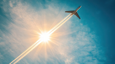 A jet plane leaving a trail of vapor as it cuts through a bright, clear sky on a sunny day.の素材