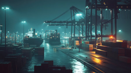 A nighttime cargo port, with cranes loading ships under floodlights, and containers stacked along the docks.の素材
