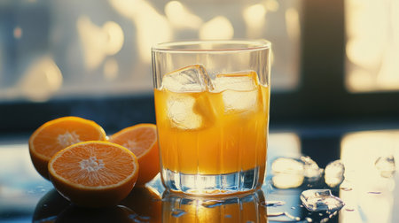A fresh glass of orange juice with ice cubes, next to halved oranges, reflecting the morning sunlight.の素材