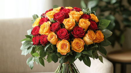 A lush bouquet of red, orange, and yellow roses arranged with green foliage in a beautiful hand-tied design.の素材