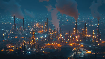 A sprawling industrial plant at night, illuminated by bright lights, with smoke billowing from chimneys under a clear sky.の素材
