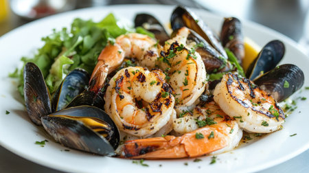 A seafood medley featuring grilled shrimp, mussels, and squid, served on a white plate with a side of mixed greens.の素材