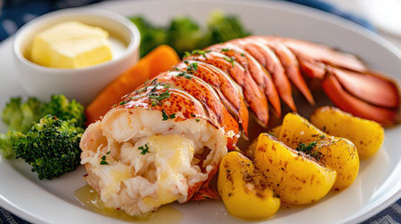 A fresh lobster tail with drawn butter, served on a white plate alongside a medley of steamed vegetables.の素材