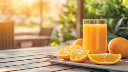 A glass of orange juice on a breakfast table, with sliced oranges and a sunny outdoor scene in the background.の素材