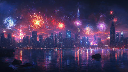 A panoramic view of fireworks over a city skyline, with colorful bursts reflected in the water below.の素材