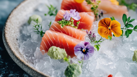 A minimalist omakase dish featuring fresh slices of sashimi on ice, garnished with edible flowers and herbs.の素材