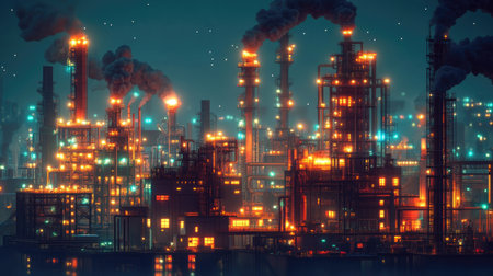 A glowing factory at night, with tall chimneys emitting smoke, and various industrial structures brightly lit.の素材