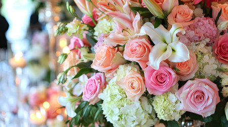 A large, cascading bouquet filled with pastel-colored roses, lilies, and hydrangeas displayed at a wedding reception.の素材