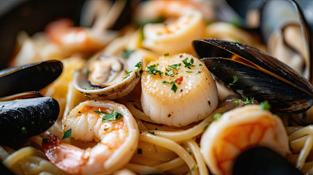 A seafood pasta dish with clams, mussels, shrimp, and scallops in a garlic butter sauce, topped with fresh parsley.の素材