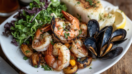 A seafood medley featuring grilled shrimp, mussels, and squid, served on a white plate with a side of mixed greens.の素材