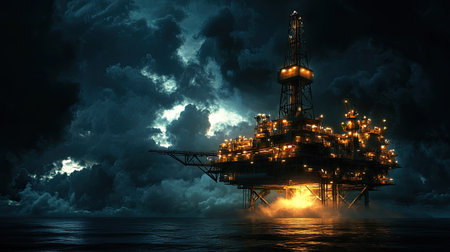An oil rig platform at night, brightly illuminated, standing tall in the middle of the ocean under a dark sky.の素材