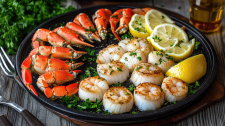A seafood platter with crab claws, shrimp cocktail, and seared scallops, garnished with lemon and parsley.の素材