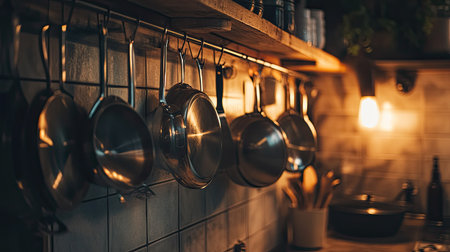 A set of shiny stainless steel pots and pans hanging from a rustic kitchen wall rack, with a soft light illuminating them.の素材