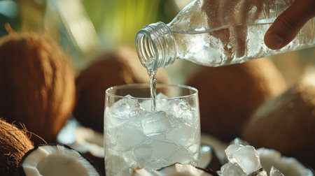 A hand pouring chilled coconut juice from a bottle into a glass filled with ice, with coconuts in the background.の素材
