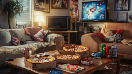 A messy living room with pizza boxes, soda cans, and half-eaten donuts on a coffee table, indicating a late-night snack binge.の素材