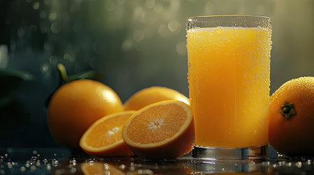 A glass of freshly squeezed orange juice next to whole and sliced oranges, with juice droplets glistening on the glass.の素材