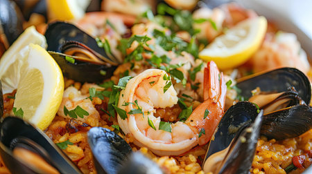 A seafood paella dish with shrimp, mussels, and squid, garnished with lemon wedges and fresh herbs.の素材