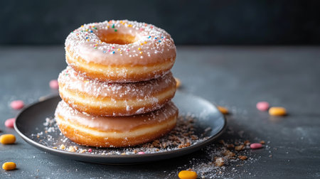 A stack of glazed donuts on a plate with crumbs and icing scattered around.の素材