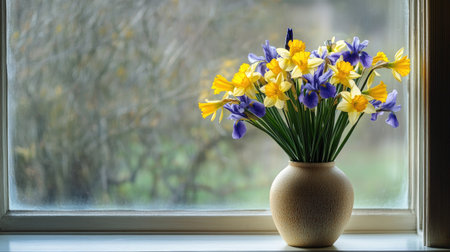 A striking bouquet of bright yellow daffodils and purple irises placed in a simple ceramic vase on a windowsill.の素材