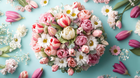 A top-down shot of a circular bouquet made up of tulips, daisies, and carnations in pastel colors.の素材