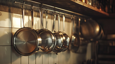 A set of shiny stainless steel pots and pans hanging from a rustic kitchen wall rack, with a soft light illuminating them.の素材