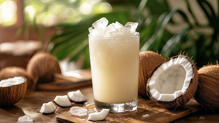A frosty glass of coconut juice with ice, sitting on a table next to halved coconuts and a cutting board.の素材