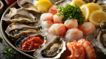 A raw seafood selection of oysters, clams, and scallops served on a bed of ice with lemon wedges and cocktail sauce.の素材