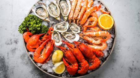A top-down shot of a seafood platter featuring shrimp, oysters, crab legs, and lobster claws on a bed of crushed ice.の素材