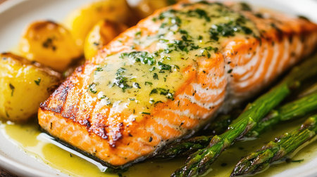 A grilled salmon fillet topped with a lemon herb butter sauce, served alongside asparagus and roasted potatoes.の素材