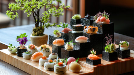 An elegant omakase meal, with different types of sushi, sashimi, and small dishes placed in a decorative arrangement.の素材