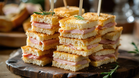 A stack of mini ham and cheese sandwiches on a platter, ready for a party or gathering.の素材