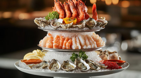 A luxurious seafood tower featuring oysters, lobster, crab, and shrimp, served on a multi-tiered platter with sauces.の素材