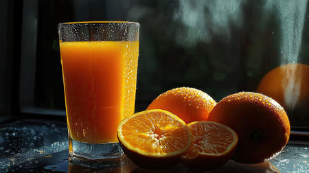 A glass of freshly squeezed orange juice next to whole and sliced oranges, with juice droplets glistening on the glass.の素材