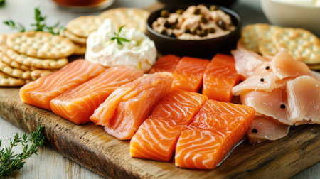 A selection of smoked fish, including salmon, mackerel, and trout, arranged on a wooden board with crackers and cream cheese.の素材