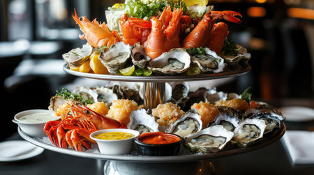 A luxurious seafood tower featuring oysters, lobster, crab, and shrimp, served on a multi-tiered platter with sauces.の素材