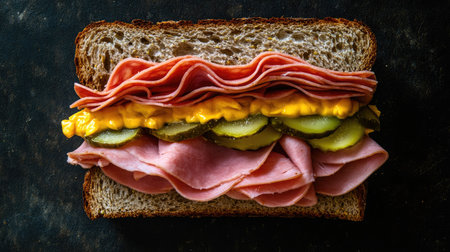 A top-down view of a sandwich filled with thinly sliced ham, Swiss cheese, mustard, and pickles on rye bread.の素材