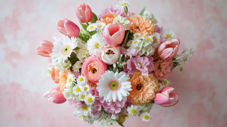 A top-down shot of a circular bouquet made up of tulips, daisies, and carnations in pastel colors.の素材