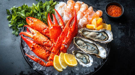 A seafood platter featuring king crab legs, lobster claws, oysters, and shrimp, all arranged on a bed of ice.の素材