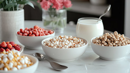 A variety of sugary cereals in bowls on a breakfast table with milk and spoon.の素材
