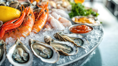 A variety of fresh shellfish, including oysters, clams, and mussels, displayed on ice with cocktail sauce.の素材