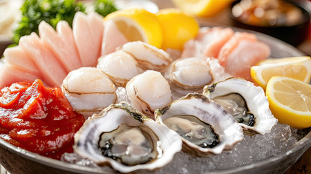 A raw seafood selection of oysters, clams, and scallops served on a bed of ice with lemon wedges and cocktail sauce.の素材