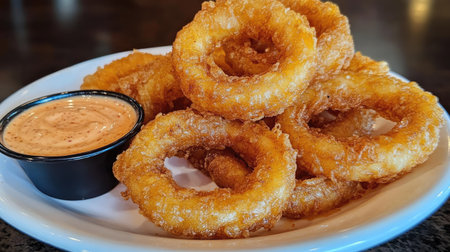 A plate of crispy, greasy onion rings with a side of spicy dipping sauce.の素材