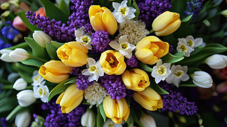 A top-down view of a spring bouquet with yellow tulips, purple hyacinths, and white narcissus in full bloom.の素材