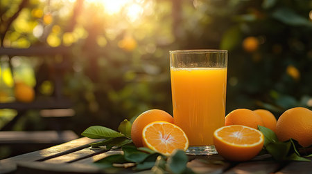 A refreshing glass of orange juice on a picnic table, with oranges and citrus leaves scattered around.の素材
