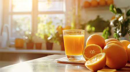 A refreshing glass of natural orange juice on a sunny kitchen counter, surrounded by fresh, juicy oranges.の素材