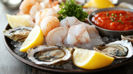 A raw seafood selection of oysters, clams, and scallops served on a bed of ice with lemon wedges and cocktail sauce.の素材