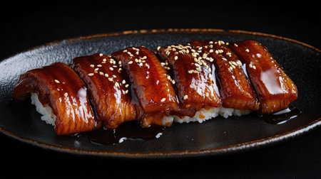 A sushi plate featuring unagi (eel) nigiri, with a rich soy glaze and sesame seeds sprinkled on top.の素材