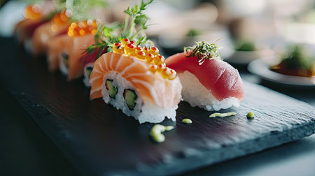 An artistic display of omakase sushi, featuring rare fish, roe, and microgreens, elegantly presented on a black slate.の素材