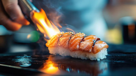 A sushi chef gently torching a piece of aburi nigiri, creating a smoky, flavorful finish.の素材